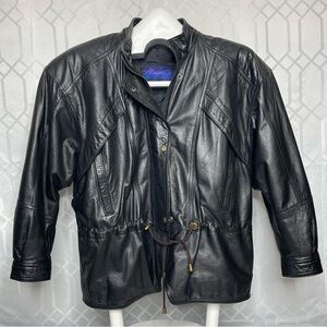 Midnight Oil Vintage 80s Genuine Leather Bomber Jacket Drawstring Waist Medium